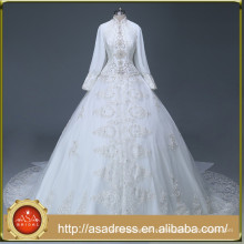 WDA1001 Vestido de novia musulmán de cristal con cuentas a mano de diseño superior Vestido de novia de organza con apliques de manga larga